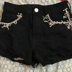 Black Denim Shorts with Silver Embellishments